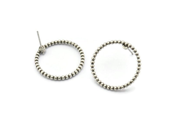 Silver Circle Earring, 2 Antique Silver Plated Brass Circle Stud Earrings (23x2mm) N1695