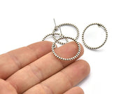 Silver Circle Earring, 2 Antique Silver Plated Brass Circle Stud Earrings (23x2mm) N1695