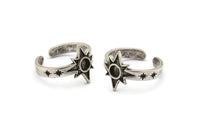 Silver Star Ring, 2 Antique Silver Plated Brass Ethnic Star Rings With 1 Stone Settings - Pad Size 4mm N1960 H1468