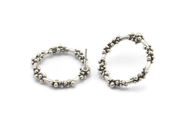 Silver Circle Earring, 2 Antique Silver Plated Brass Circle Stud Earrings (27x3mm) N1698