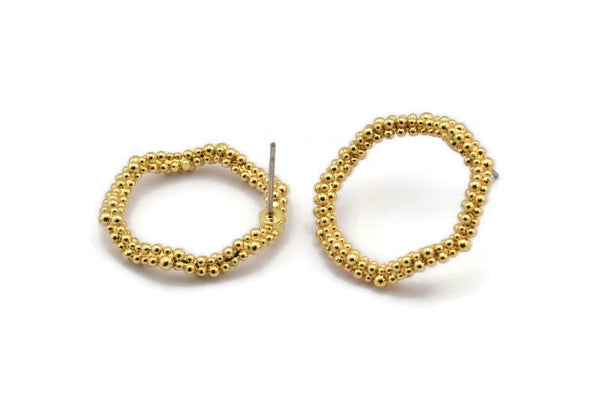 Gold Circle Earring, 2 Gold Plated Brass Wavy Circle Stud Earrings (24x3mm) N1696