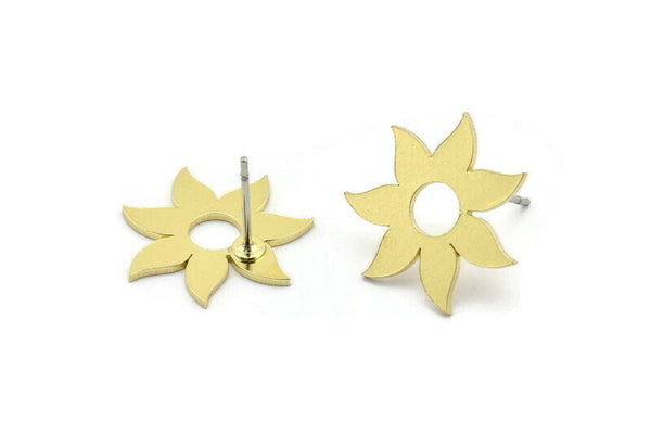 Brass Flower Earring, 8 Raw Brass Flower Shaped Stud Earrings (17x0.80mm) A2786