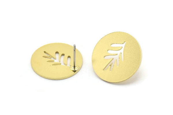 Brass Round Earring, 8 Raw Brass Branch Patterned Round Shaped Stud Earrings (18x0.80mm) A2792