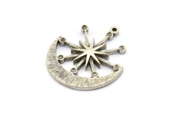Gümüş Ay Tılsımı, 1 Döngülü 2 Antik Gümüş Kaplama Pirinç Ay ve Yıldız Tılsımı (27x23x2mm) N1706 H1577