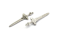 Gümüş Kılıç Tılsımı, 1 Halkalı 2 Antik Gümüş Kaplama Pirinç Kılıç Tılsımı, Aslan Kılıcı (49x15 mm) N1693 H1578