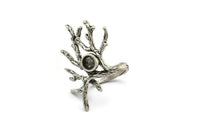 Silver Branch Ring, Antique Silver Plated Brass Branch Ring With 1 Stone Settings - Pad Size 6mm N2012 H1459