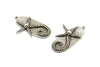 Silver Sea Star Charm, 2 Antique Silver Plated Brass Starfish Shaped Charms With 1 Loop, Pendants, Earring Findings (33x19mm) N2022