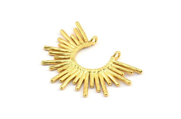 Gold Sun Pendant, 1 Gold Plated Brass Textured Sunny Pendants With 2 Loops (38x27.5x1.7mm) E210 Q0533