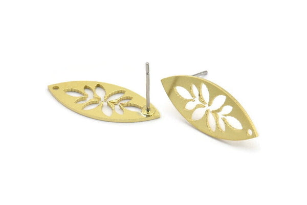 Brass Marquise Earring, 8 Raw Brass Leaf Patterned Marquise Shaped Stud Earrings With 1 Hole (24x10x0.80mm) A6216 A2812