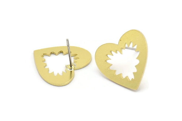 Brass Heart Earring, 8 Raw Brass Heart Shaped Stud Earrings (17x18x0.80mm) A2857