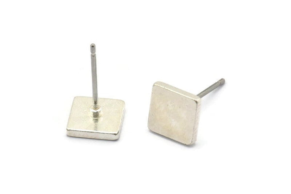 Silver Square Earring, 8 Matte Silver Plated Brass Square Stud Earrings (8mm) D1462