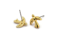 Gold Bird Earring, 4 Gold Plated Brass Bird Stud Earrings (12x12x2mm) N1637 Q0687