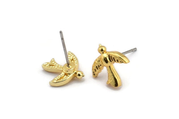 Gold Bird Earring, 4 Gold Plated Brass Bird Stud Earrings (12x12x2mm) N1637 Q0687
