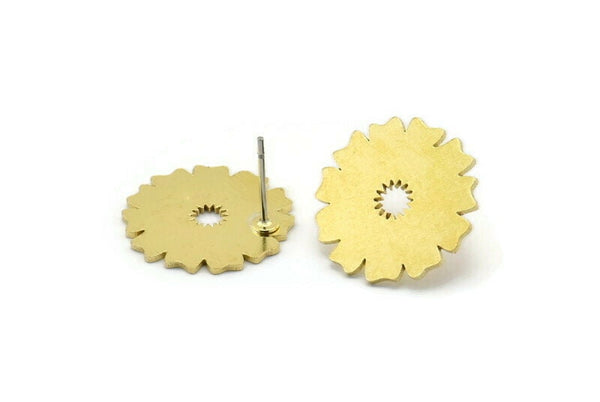 Brass Flower Earring, 8 Raw Brass Flower Shaped Stud Earrings (18x0.80mm) A2663