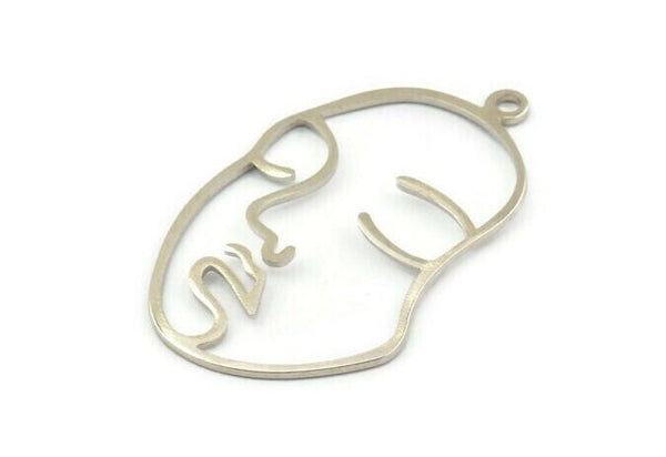 Silver Face Charm, 4 Silver Tone Brass Face Shape Charms With 1 Loop, Pendant, Earrings, Findings (46x28x1mm) E022 H0520