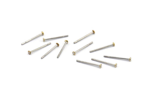 Earring Post Stud, 100 - 316L Stainless Steel Earring Posts With Raw Brass 1.6mm Flat Pad, Ear Studs ( BS 2225 )