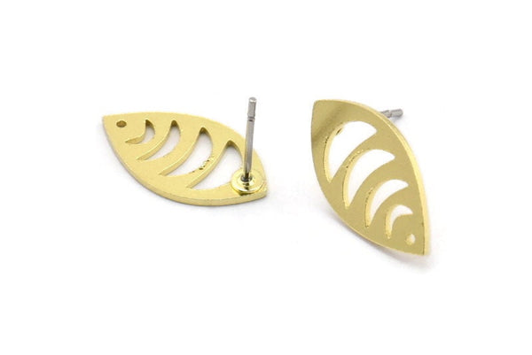 Brass Marquise Earring, 8 Raw Brass Crescent Moon Phases Patterned Marquise Shaped Stud Earrings With 1 Hole (18x10x0.80mm) A2861