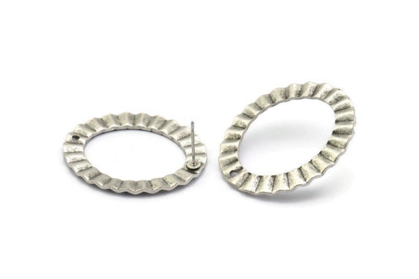 Silver Oval Earring, 2 Antique Silver Plated Brass Wavy Oval Stud Earrings With 1 Hole (33x28x1mm) D909 A1843