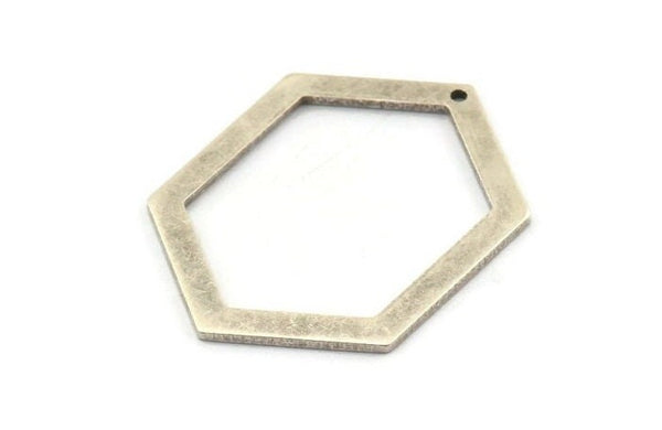 Hexagon Choker Charm, 6 Antique Silver Plated Brass Hexagon Charms With 1 Hole, Pendants, Findings (33x24.5x1mm) E074 H1215
