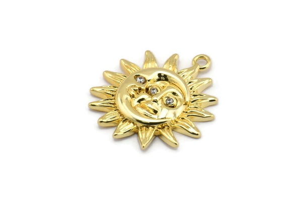 Gold Sun Charm, 2 Gold Plated Brass Sun Charms With 1 Loop, CZ Pave Charms, Zircon Sun Charms (22x20mm) SY0306