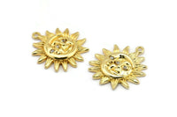 Gold Sun Charm, 2 Gold Plated Brass Sun Charms With 1 Loop, CZ Pave Charms, Zircon Sun Charms (22x20mm) SY0306