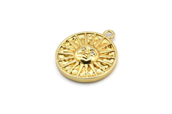 Gold Sun Charm, 2 Gold Plated Brass Sun Charms With 1 Loop, CZ Pave Charms, Zircon Sun Charms (22x18mm) SY0307