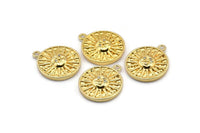 Gold Sun Charm, 2 Gold Plated Brass Sun Charms With 1 Loop, CZ Pave Charms, Zircon Sun Charms (22x18mm) SY0307
