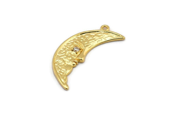 Gold Moon Charm, 2 Gold Plated Brass Moon Charms With 1 Loop, CZ Pave Charms, Zircon Moon Charms (26x9mm) SY0309