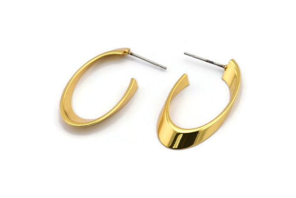 Gold Oval Earring, 2 Gold Plated Brass Oval Stud Earrings (31x16mm) SY0314