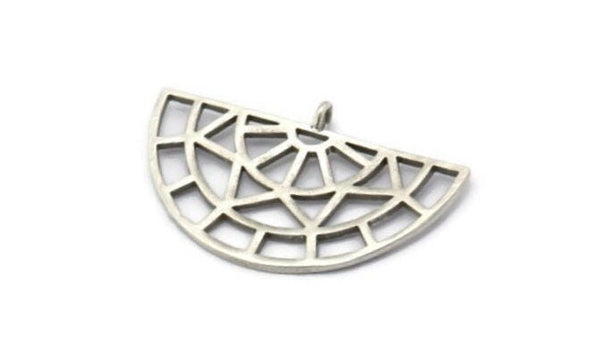 Silver Ethnic Pendant, 2 Antique Silver Brass Semi Circle Pendants With 1 Loop (37x22x1mm) R016 V046