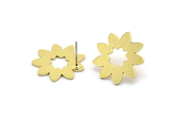 Brass Flower Earring, 8 Raw Brass Flower Shaped Stud Earrings (18x0.80mm) A2684