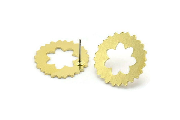 Brass Flower Earring, 8 Raw Brass Flower Pattern Irregular Shaped Stud Earrings (18x0.80mm) A2686