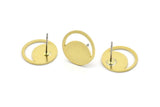 Brass Round Earring, 8 Raw Brass Crescent Moon Patterned Round Shaped Stud Earrings (14x0.80mm) A2735