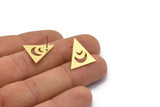 Brass Triangle Earring, 8 Raw Brass Crescent Moon Patterned Triangle Shaped Stud Earrings (18x17x0.80mm) A2731