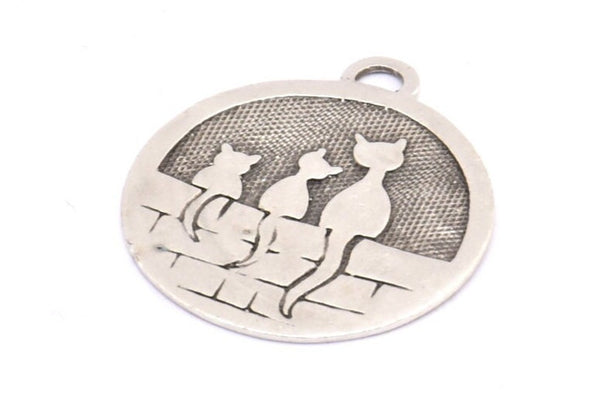 Silver Brass Cat Charm, 2 Antique Silver Plated Brass Cat Textured Round Tag Charms With 1 Loop, Blanks (33x29x1.1mm) E227