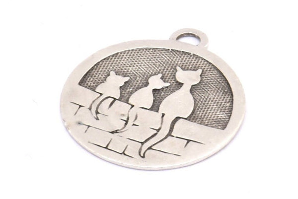 Silver Brass Cat Charm, 2 Antique Silver Plated Brass Cat Textured Round Tag Charms With 1 Loop, Blanks (33x29x1.1mm) E227
