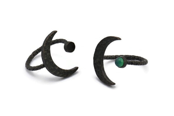 Black Ring Settings, 2 Hammered Oxidized Black Brass Moon And Planet Ring With 1 Stone Setting - Pad Size 4mm N1151 S1173