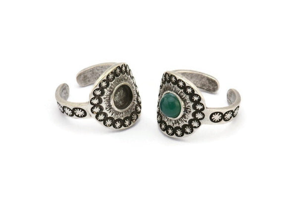 Silver Royal Ring, Antique Silver Plated Brass Royal Ring With 1 Stone Settings - Pad Size 6mm N2008 H1461