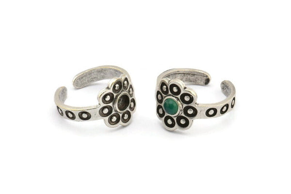 Silver Ring Setting, 2 Antique Silver Plated Brass Flower Ring With 1 Stone Settings - Pad Size 4mm N2011 H1445