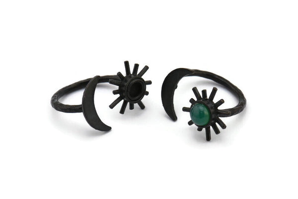 Black Ring Settings, 2 Oxidized Brass Black Moon And Sun Ring With 1 Stone Setting - Pad Size 6mm R052 S904