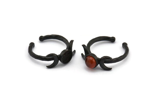 Black Ring Settings, 3 Oxidized Black Brass Moon And Planet Ring With 1 Stone Setting - Pad Size 6mm N1160 S606