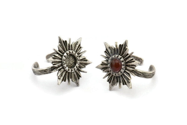 Gümüş Yüzük Ayarları, 1 Taş Ayarlı 2 Antik Gümüş Kaplama Pirinç Rozet Yüzük - Ped Boyutu 6mm N0839 H0979