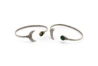 Silver Moon Cuff, Antique Silver Plated Brass Moon And Planet Cuff Stone Setting With 1 Pad -  Pad Size 8mm N0981 H0625