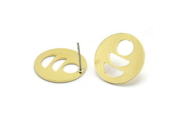 Brass Round Earring, 8 Raw Brass Moon Phases Patterned Round Shaped Stud Earrings (18x0.80mm) A2767
