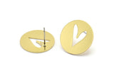 Brass Round Earring, 8 Raw Brass Heart Patterned Round Shaped Stud Earrings (18x0.80mm) A2771