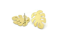 Brass Leaf Earring, 8 Raw Brass Monstera Leaves Shaped Stud Earrings (18x15x0.80mm) A2766