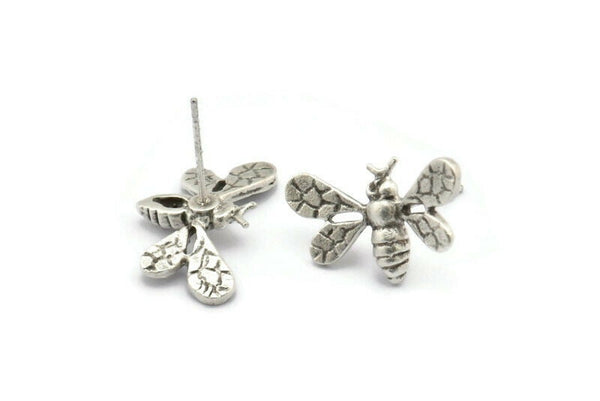 Silver Bee Earring, 2 Antique Silver Plated Brass Bee Stud Earrings (21x12mm) N1515 H1049