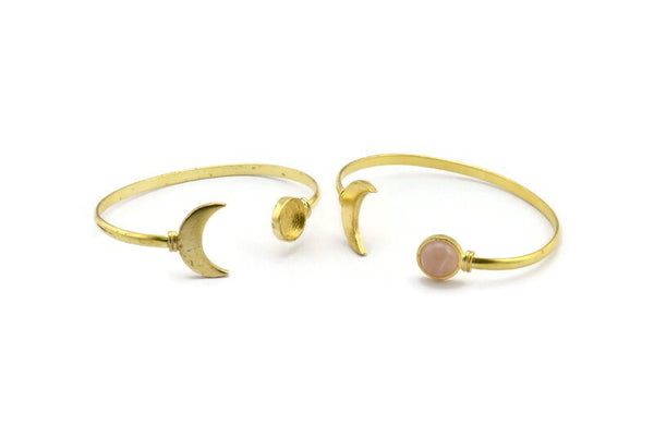 Brass Moon Cuff,  Raw Brass Moon And Planet Cuff Stone Setting With 1 Pad -  Pad Size 10mm N0982