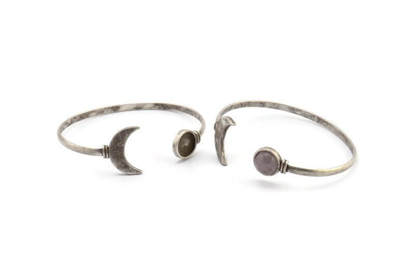 Silver Moon Cuff,  Antique Silver Plated Brass Moon And Planet Cuff Stone Setting With 1 Pad -  Pad Size 10mm N0982 H1023