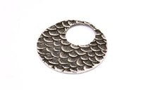 Silver Round Pendant, 2 Antique Silver Plated Brass Round Fish Scale Textured Pendants, Charms, Earrings, Findings (30x1.8mm) E550